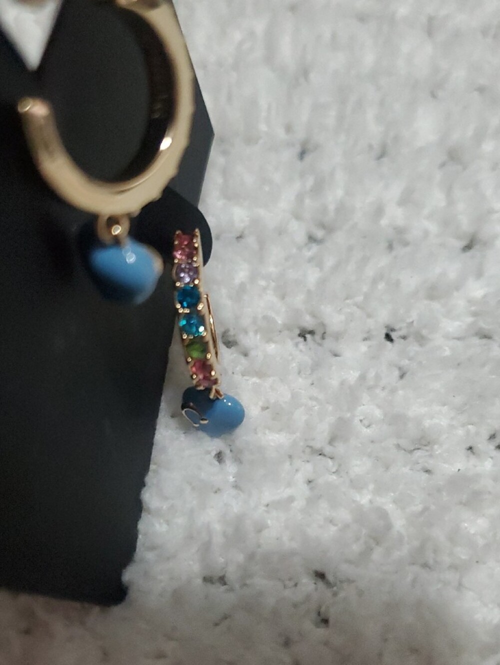 Coach Gold Hoop Earrings with Blue Heart Dangles and Multicolor Crystals - Picture 6 of 8